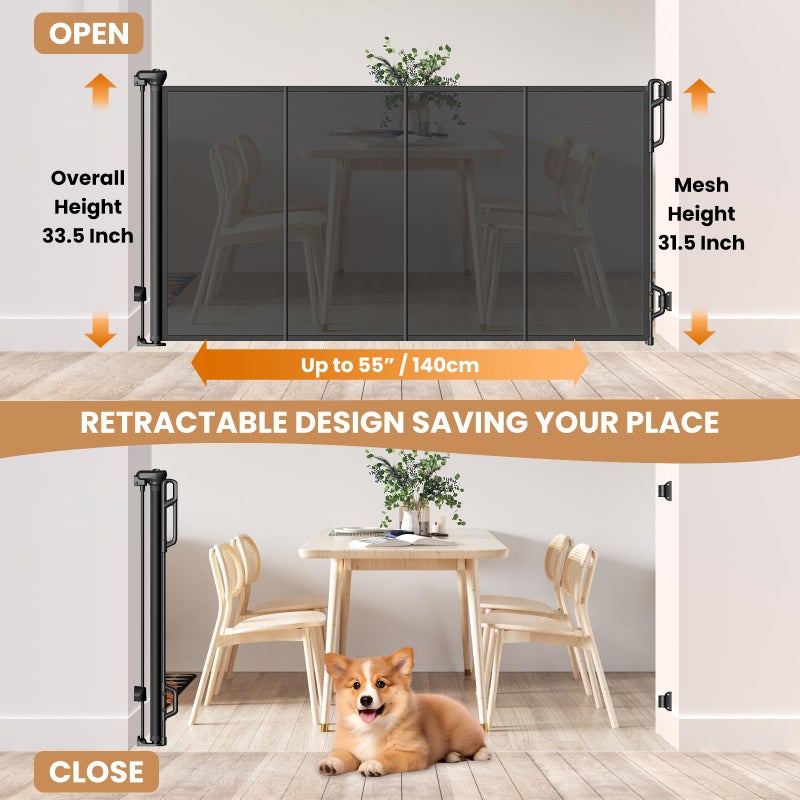 SPACEANY Reinforced Retractable Baby Gate or Mesh Dog Gate,Easy to Use for Stairs, Doorways, Hallways, Indoor, Outdoor, Wide Pet Gate 33.5" Tall, Extends to 55" Wide,Black - Image 2