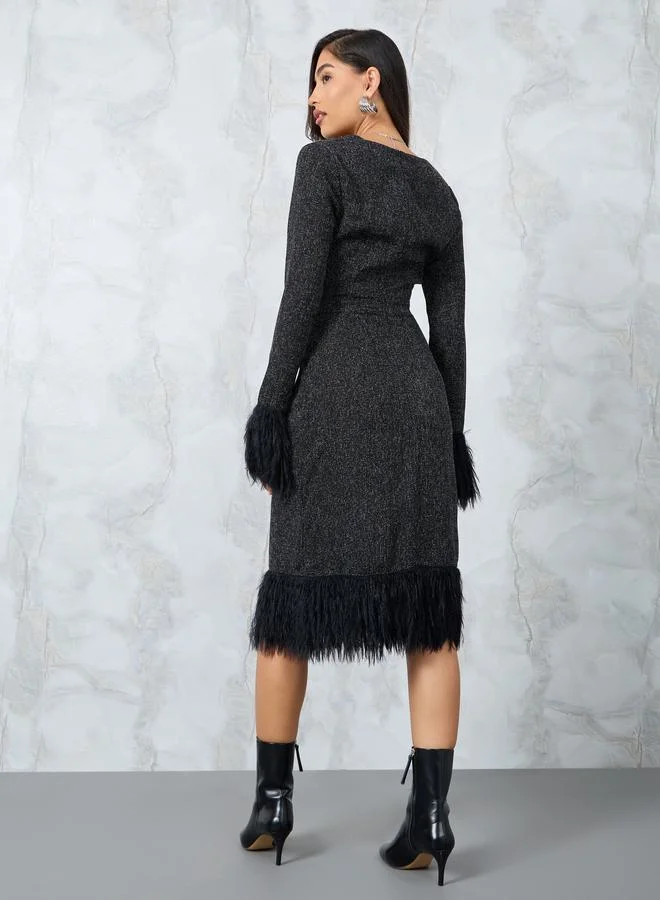 Styli Styli Square Neck Fuzzy Cuff Sleeve Tweed Knee Length Dress