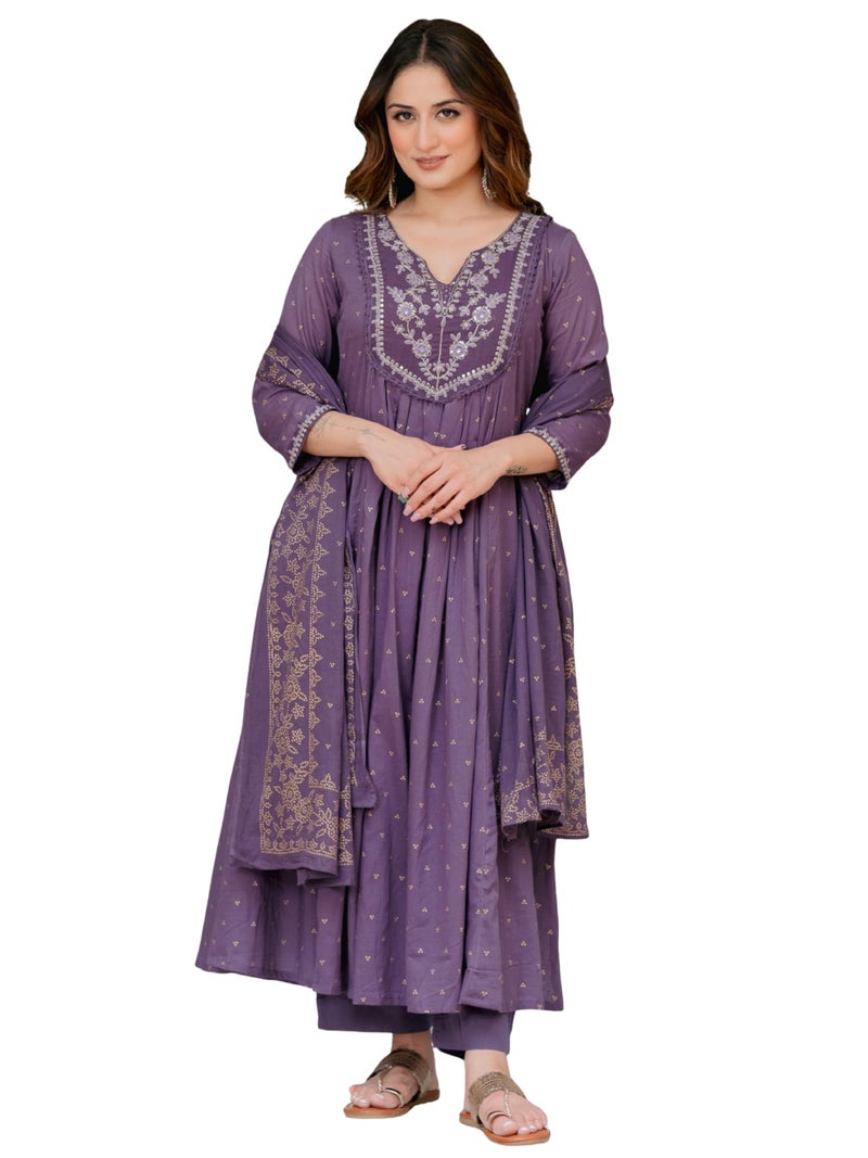 Arayna Women’s 100% Pure Cotton Anarkali Kurta Set with Pant & Dupatta | Embroidered Flared Kurta | Elegant Ethnic Suit, Plum Wine, 4X-Large - Image 1