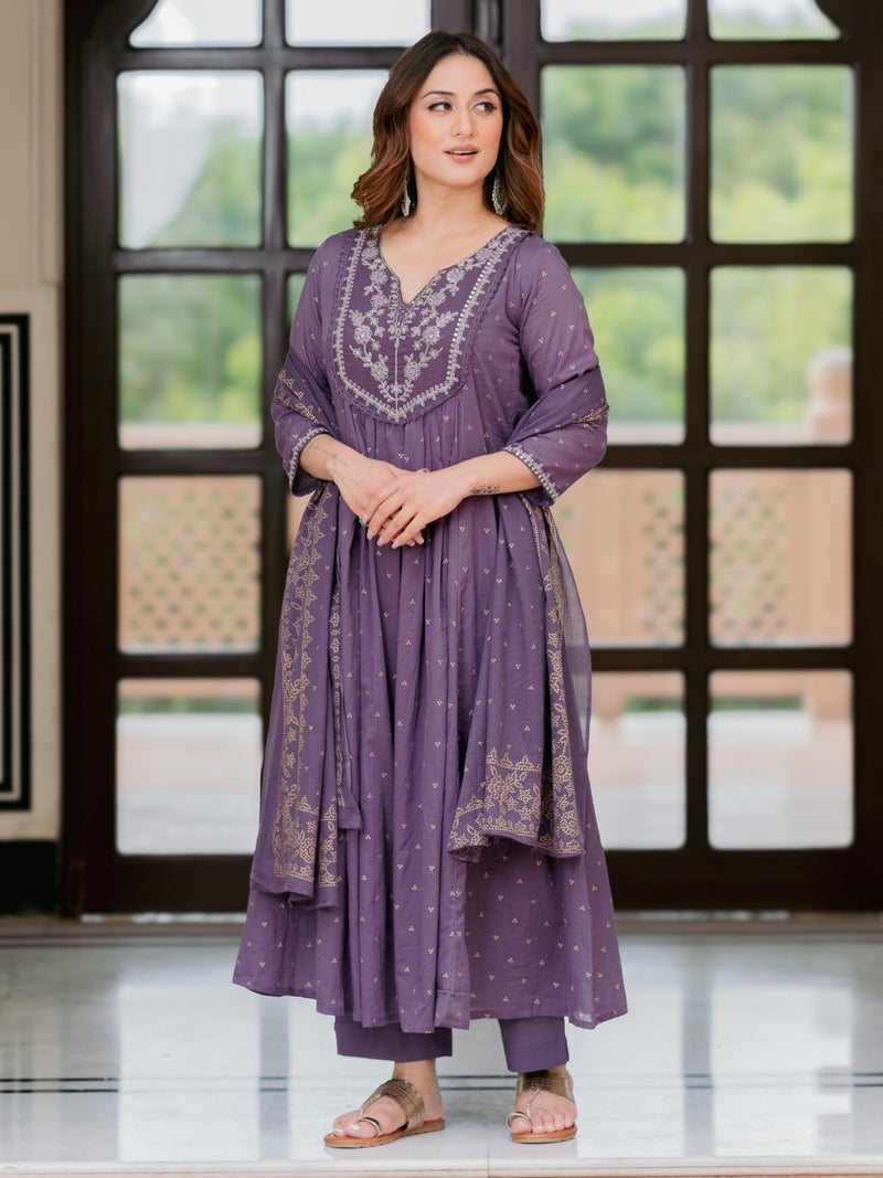 Arayna Women’s 100% Pure Cotton Anarkali Kurta Set with Pant & Dupatta | Embroidered Flared Kurta | Elegant Ethnic Suit, Plum Wine, 4X-Large - Image 3