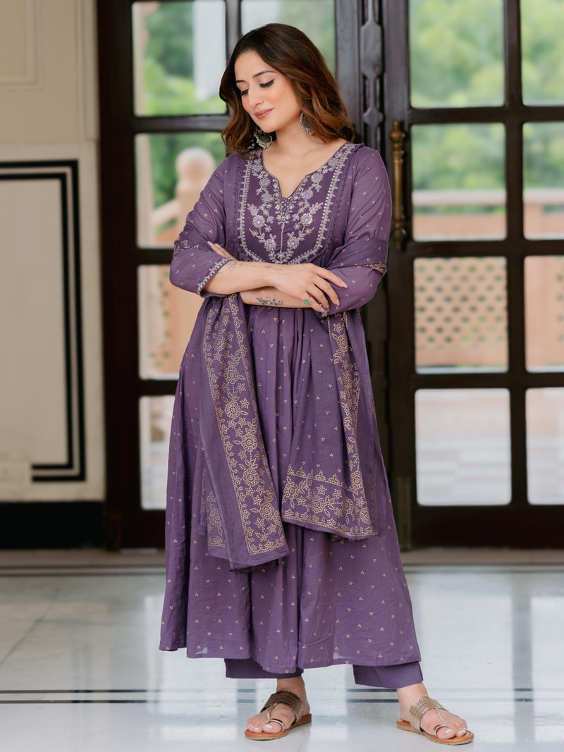 Arayna Women’s 100% Pure Cotton Anarkali Kurta Set with Pant & Dupatta | Embroidered Flared Kurta | Elegant Ethnic Suit, Plum Wine, 4X-Large - Image 5