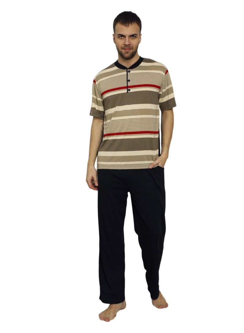 Lindros Turkish Cotton T-Shirt and Pants Pyjama Set Homewear Loungewear Beige/Black  - Image 1