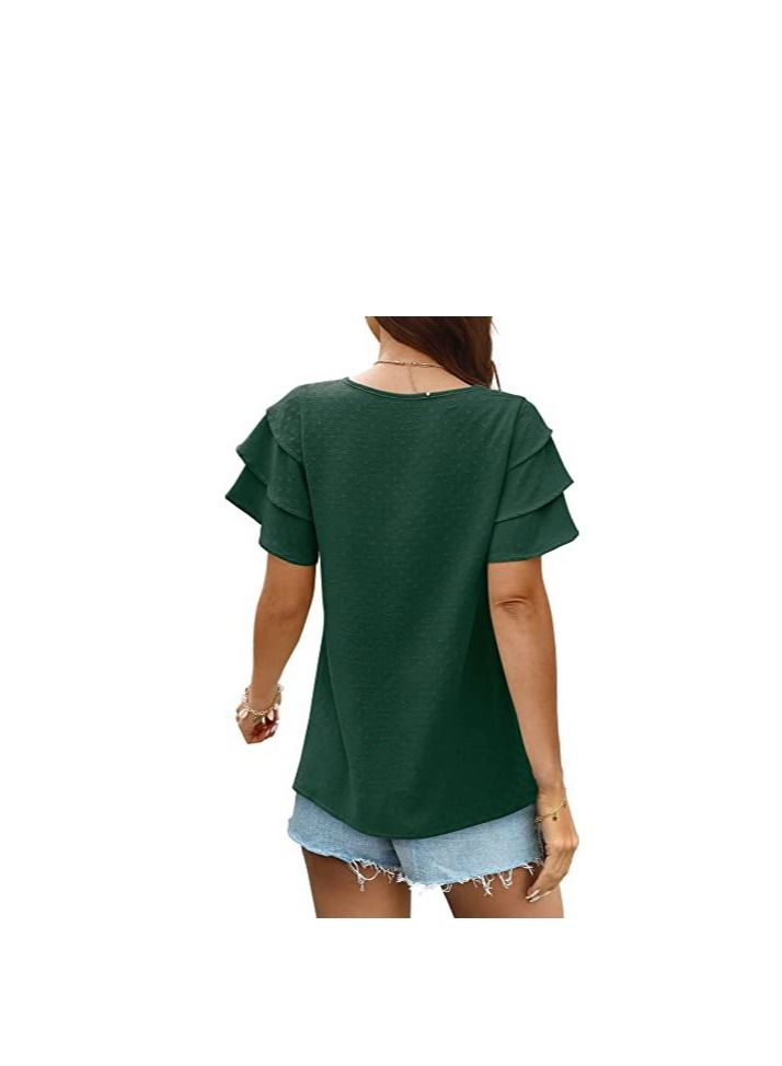 Loquat New Women's V-neck Multi-layer Lotus Sleeve Loose Casual Short Sleeve T-Shirt  - Image 2