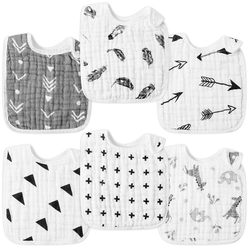 Zainpe 6Pcs Snap Muslin Bibs for Baby Machine Washable Adjustable Unisex Burp Cloths with 6 Absorbent Soft Layers Animal Pattern Bib for Newborns Toddlers Infants 3 to 36 Months Drooling Teething