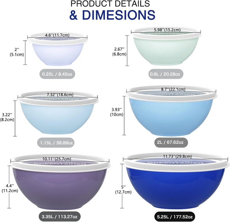 Greentainer 6-Piece Plastic Mixing Bowl Set with Lids for Kitchen, Nesting Storage Bowls for Baking, Prepping,Cooking and Serving Food, Dishwasher, Microwave Safe,Great for Mixing & Serving,Dark blue - Image 3