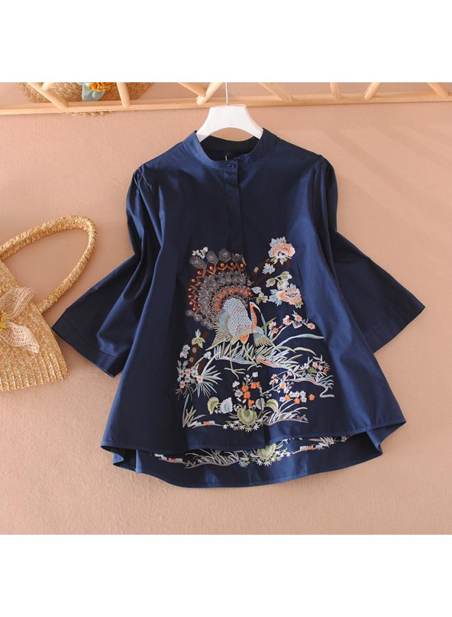 Original Design Sense Fashion Women's Clothing Foreign Elegant Loose Version A All-match Shirt Heavy Industry Embroidered Half Sleeve Shirt Spring And Summer