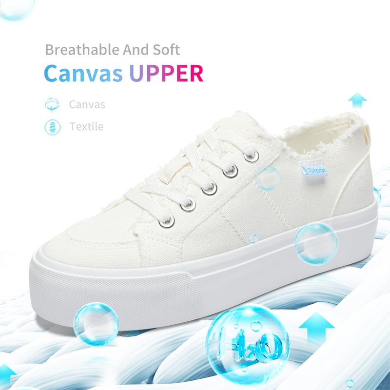 Obtaom Women Platform Canvas Sneakers White Comfort Play Fashion Sneakers Casual Lift Platform Lace Up Shoes Cute Low Top Walking Shoes for Lady(White,US8) - Image 4