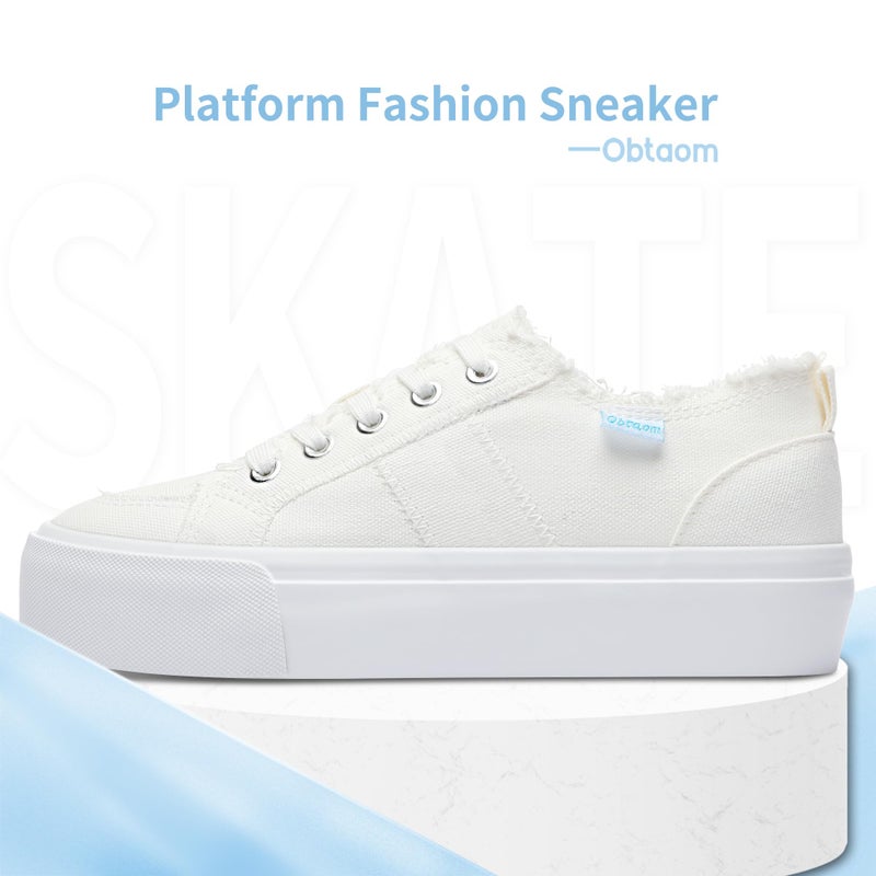 Obtaom Women Platform Canvas Sneakers White Comfort Play Fashion Sneakers Casual Lift Platform Lace Up Shoes Cute Low Top Walking Shoes for Lady(White,US8) - Image 3