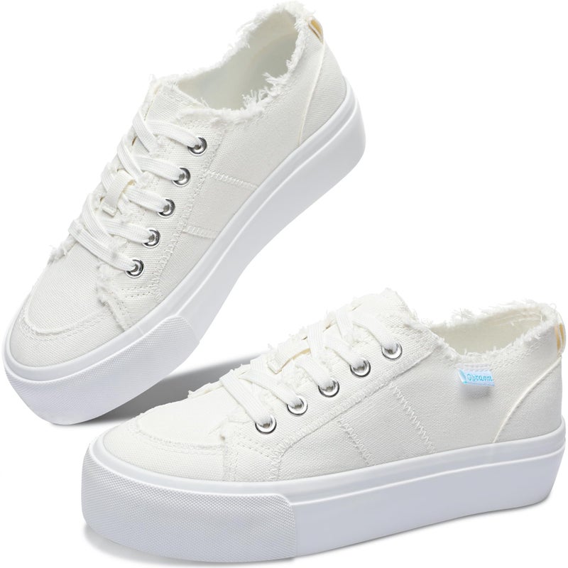 Obtaom Women Platform Canvas Sneakers White Comfort Play Fashion Sneakers Casual Lift Platform Lace Up Shoes Cute Low Top Walking Shoes for Lady(White,US8) - Image 1