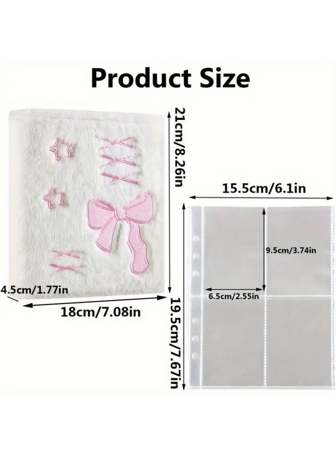 6 Ring Bow Plush Photo Binder Album White with 4 Pockets Double Sided Photo Card Organizer - Image 3