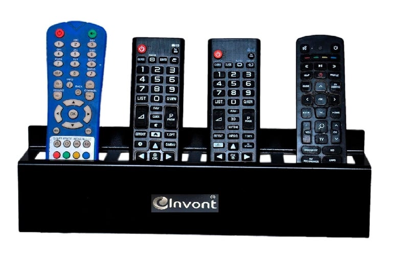 invont Wall Mount Remote Holder | 4-Slot Metal Organizer | Black Powder-Coated Rack for TV, AC & Set-Top Box Remotes | Space-Saving Remote Storage Stand - Image 1