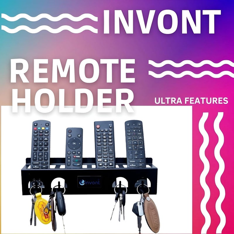 invont Wall Mount Remote Holder | 4-Slot Metal Organizer | Black Powder-Coated Rack for TV, AC & Set-Top Box Remotes | Space-Saving Remote Storage Stand - Image 5
