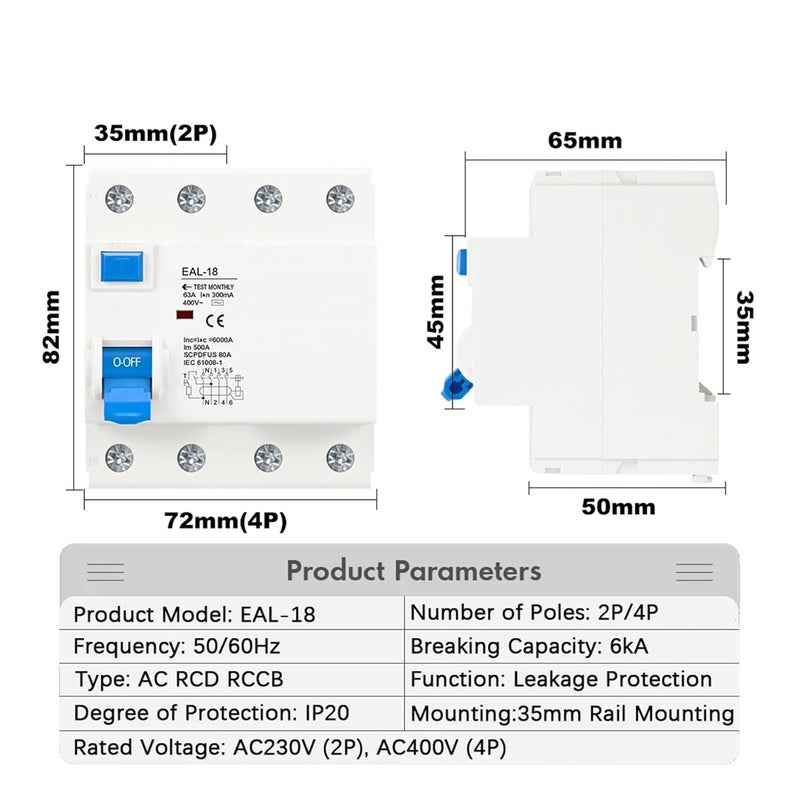 Electromagnetic RCCB RCD ELCB Residual Current Circuit Breaker 4P 16A 10mA Safety Switch - Image 3