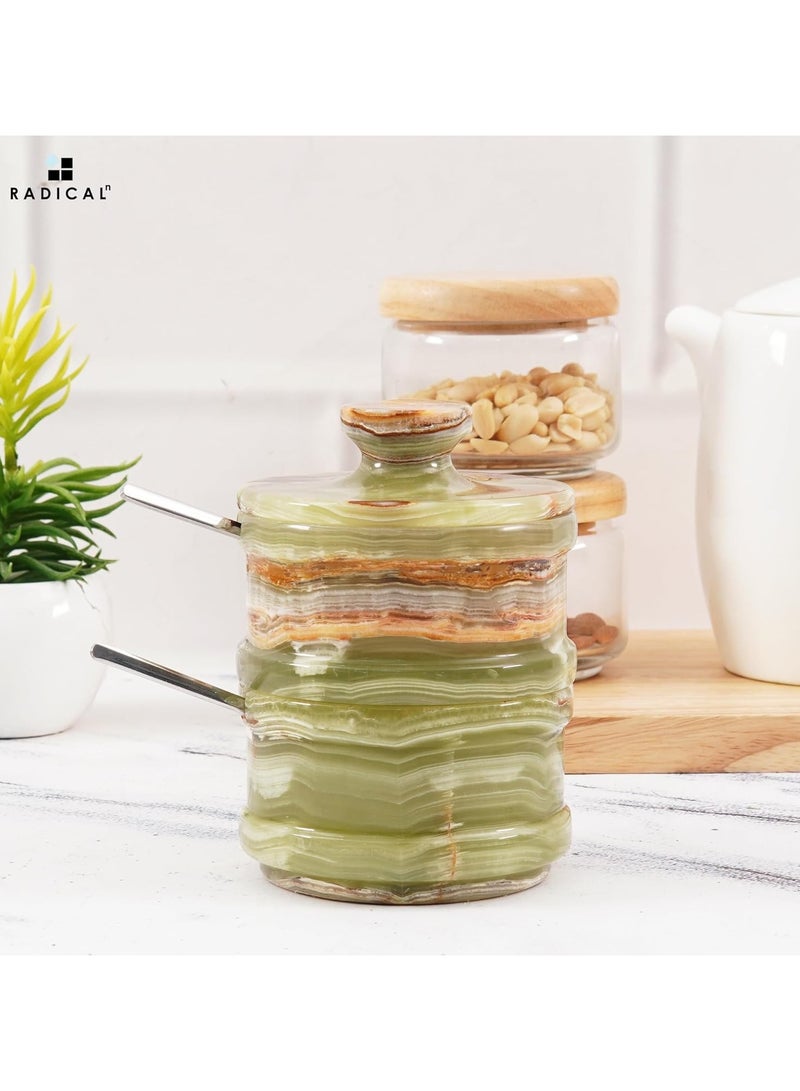 راديكالن وعاء ملح وفلفل من راديكالن - 5.5 بوصة، مصنوع يدويًا من الرخام الأخضر العقيقي، وعاء ملح مزدوج مع غطاء - 2.3 بوصة لكل وعاء، وعاء لحفظ الزبدة والسكر البني والتوابل والأعشاب، إكسسوارات المطبخ - Image 2