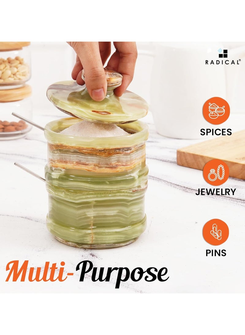 راديكالن وعاء ملح وفلفل من راديكالن - 5.5 بوصة، مصنوع يدويًا من الرخام الأخضر العقيقي، وعاء ملح مزدوج مع غطاء - 2.3 بوصة لكل وعاء، وعاء لحفظ الزبدة والسكر البني والتوابل والأعشاب، إكسسوارات المطبخ - Image 4