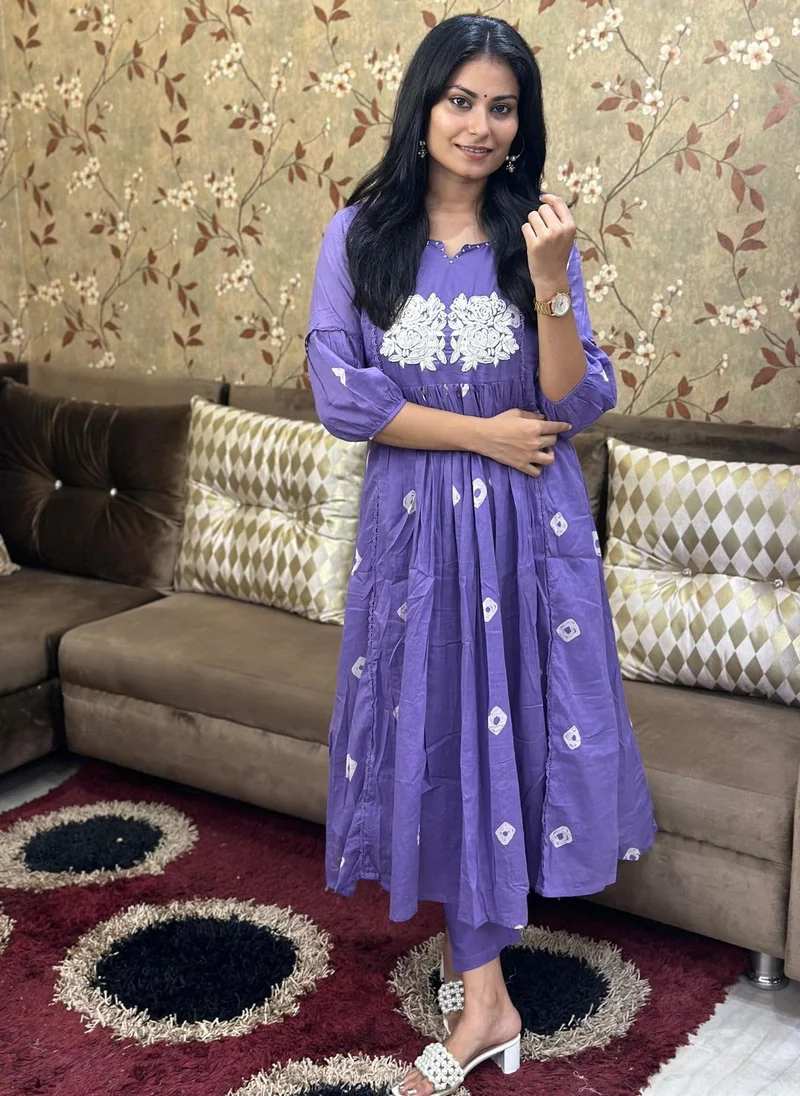 GoSriKi كورتا أناركلي مطبوعة بمزيج رايون نسائي مع بنطال بنفسجي