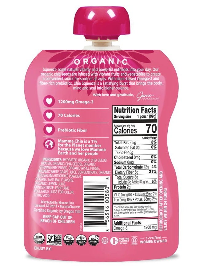 Mamma Chia Organic Prebiotic Squeeze Snack, Strawberry Lemonade, 16-3.5 Ounce, Fiber-Rich Prebiotic Gut Support, USDA Organic, Non-GMO, Vegan, Gluten Free (Pack of 16) - Image 3