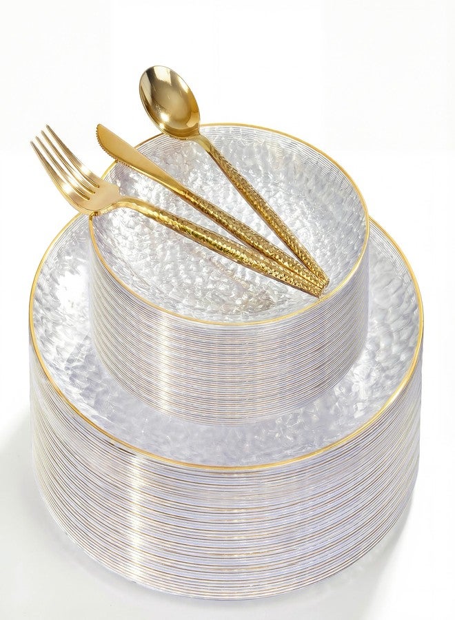 I00000 150Pcs Clear Plastic Plates with Gold Rim,Clear Disposable Plates with silverware,Gold hammer patterned plates Set include 30 Dinner Plate,30 Dessert Plate,90 Silverware Set for Party - Image 1