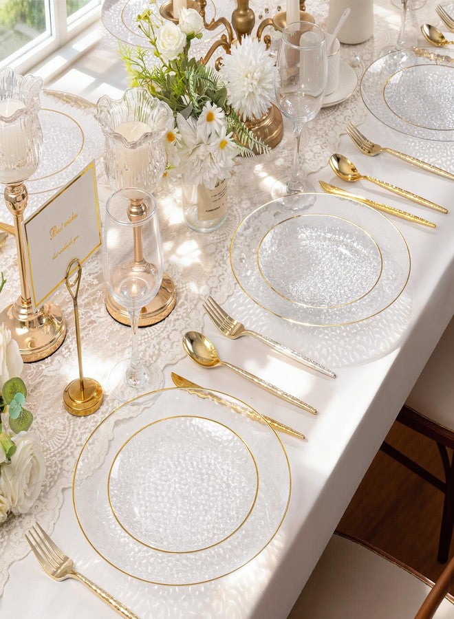 I00000 150Pcs Clear Plastic Plates with Gold Rim,Clear Disposable Plates with silverware,Gold hammer patterned plates Set include 30 Dinner Plate,30 Dessert Plate,90 Silverware Set for Party - Image 5
