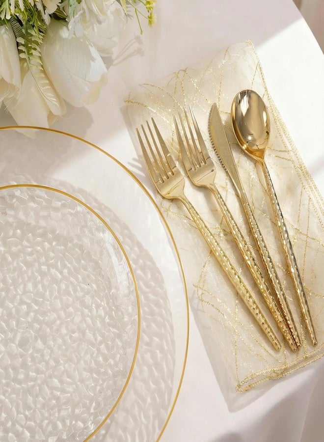 I00000 150Pcs Clear Plastic Plates with Gold Rim,Clear Disposable Plates with silverware,Gold hammer patterned plates Set include 30 Dinner Plate,30 Dessert Plate,90 Silverware Set for Party - Image 3