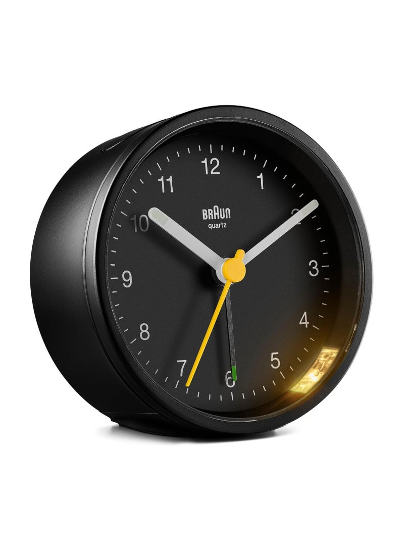 Braun Classic Analogue Clock with Snooze and Light, Quiet Quartz Movement, Crescendo Beep Alarm in Black, Model BC12B, One Size
