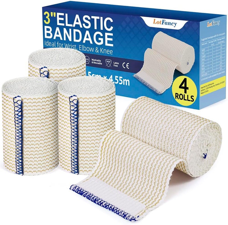 LotFancy Elastic Bandage Wrap 3 Wide x 15 Feet 4 Pack Cotton Compression Bandages with HookandLoop Closure on Both Ends Support  First Aid for Sports Medical Injury Recovery - Image 1