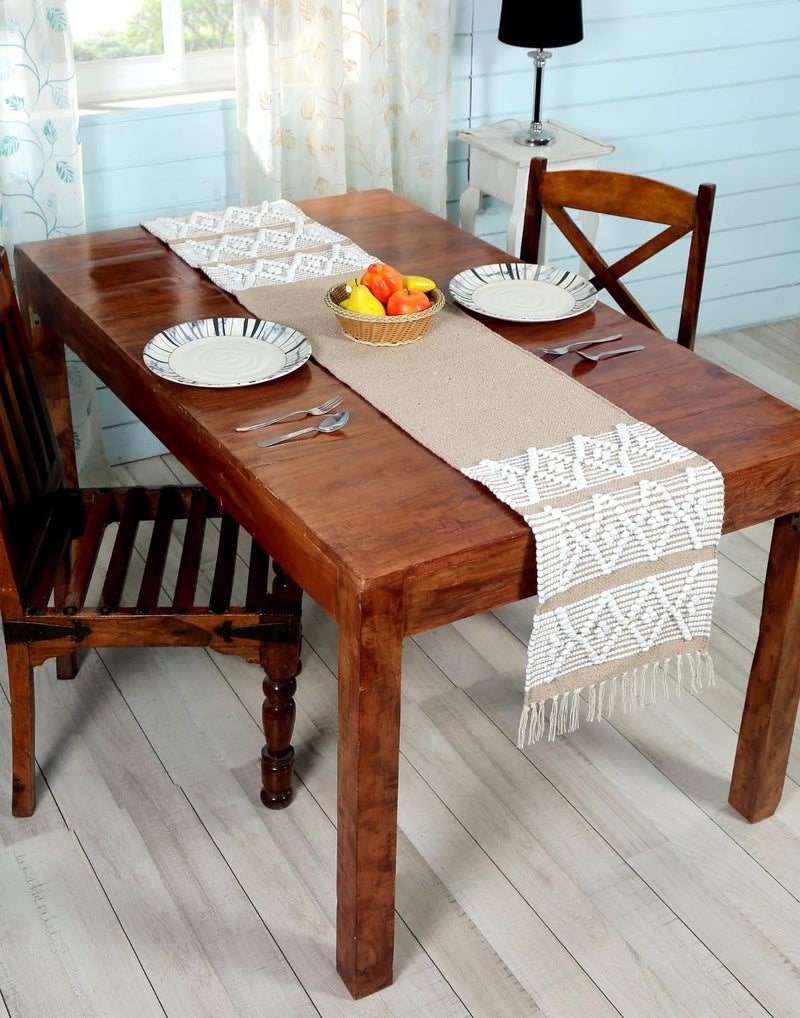 POSHREYA Cotton Table Runner for 4 6 Seater Dining Table|Centre Table|Coffee Table|Living Room|Table Decor|Eating Area|Decorative Runner|(14*72 INCHES)|Beige White|TRPS 024 - Image 2