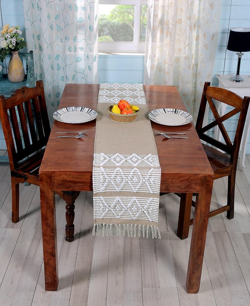 POSHREYA Cotton Table Runner for 4 6 Seater Dining Table|Centre Table|Coffee Table|Living Room|Table Decor|Eating Area|Decorative Runner|(14*72 INCHES)|Beige White|TRPS 024 - Image 1