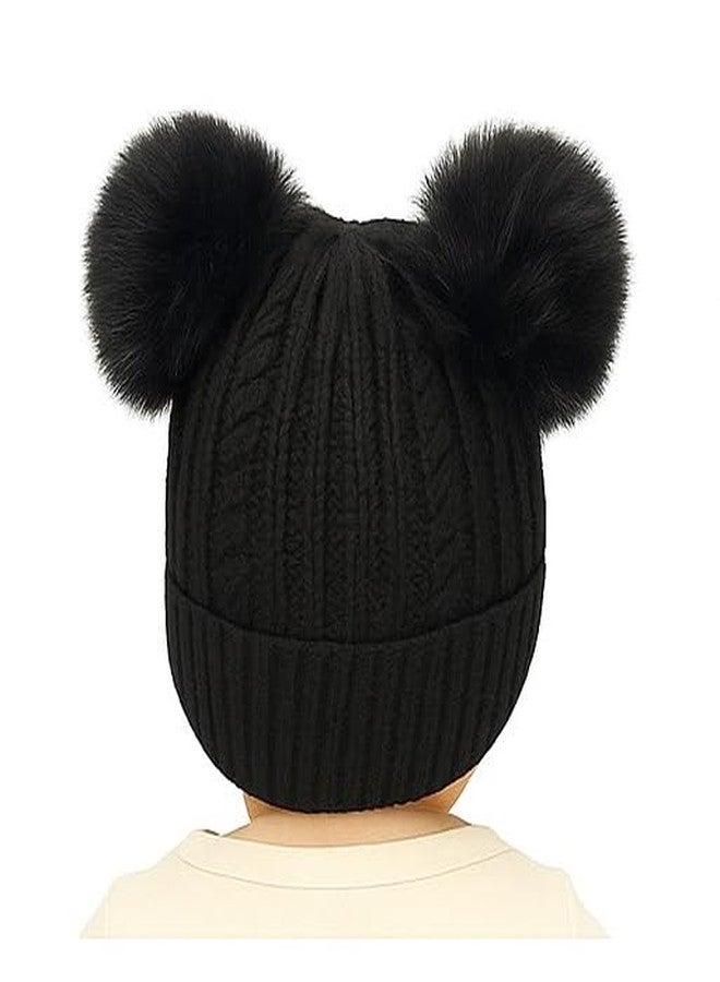 MIKONIKO Baby Winter Woolen Cap | Cozy Knitted Beanie Hat with Pom-Pom | Soft Fur Inside Topi for Boys & Girls (3-12 Months)_Black - Image 2