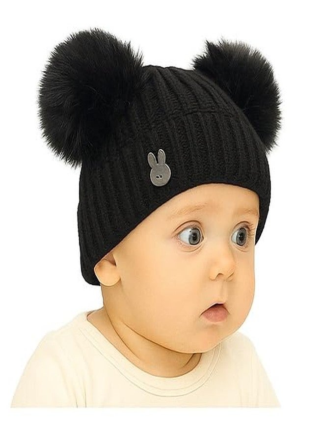 MIKONIKO Baby Winter Woolen Cap | Cozy Knitted Beanie Hat with Pom-Pom | Soft Fur Inside Topi for Boys & Girls (3-12 Months)_Black - Image 3