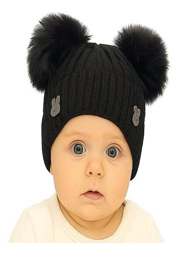 MIKONIKO Baby Winter Woolen Cap | Cozy Knitted Beanie Hat with Pom-Pom | Soft Fur Inside Topi for Boys & Girls (3-12 Months)_Black - Image 1