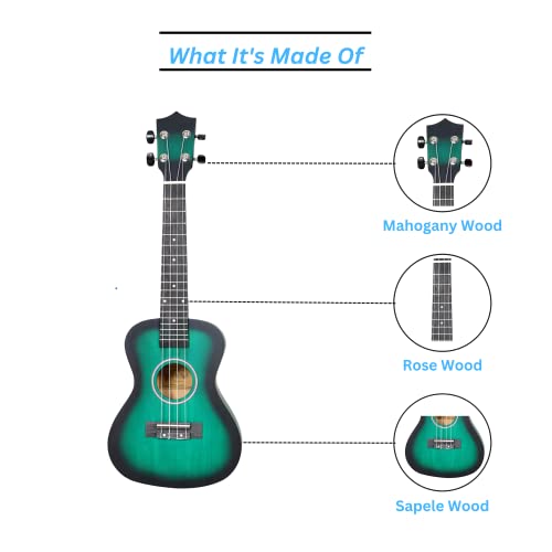 BLUEBERRY UK-50 Concert Ukulele Body made with Lindon and Mahogany Wood,Rosewood Fingerboard with Bag and 2 Picks - 23 Inch (GREEN) - Image 5