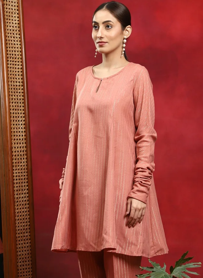 أيه كيه إس Rust Striped A-Line Kurta Set For Women