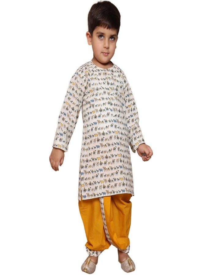 AJ DEZINES Kids Pure Cotton Full Sleeve Animal Printed Yellow Dhoti Kurta Set for Boys - Ethnic Wear | Traditional | Festival Wear for boys - Regular Fit - Image 1