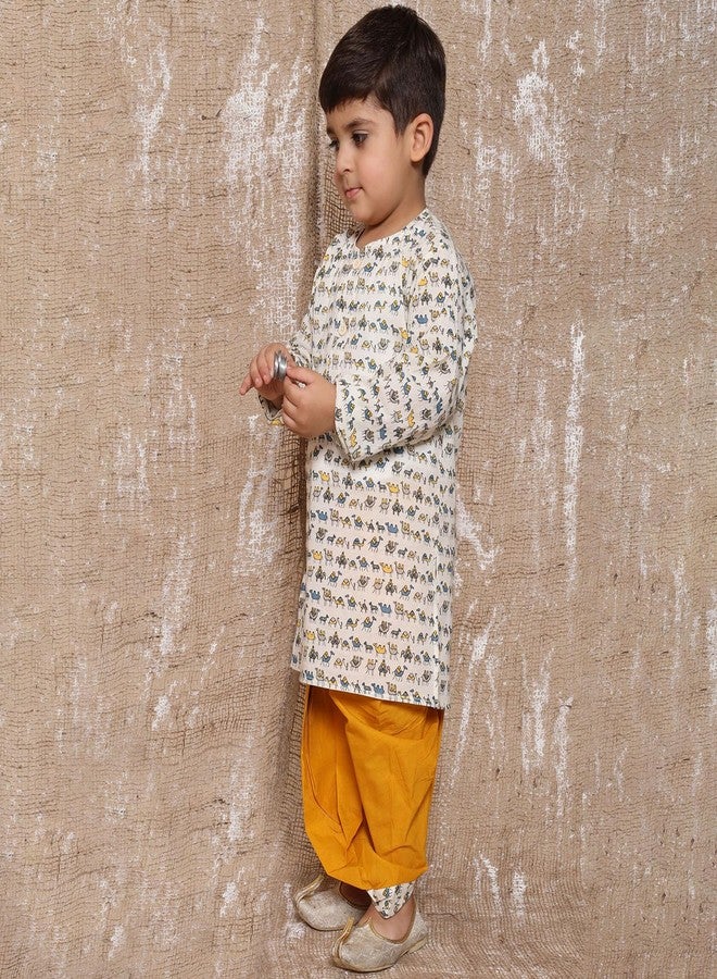 AJ DEZINES Kids Pure Cotton Full Sleeve Animal Printed Yellow Dhoti Kurta Set for Boys - Ethnic Wear | Traditional | Festival Wear for boys - Regular Fit - Image 5