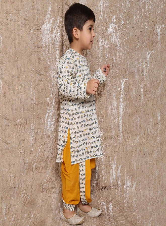 AJ DEZINES Kids Pure Cotton Full Sleeve Animal Printed Yellow Dhoti Kurta Set for Boys - Ethnic Wear | Traditional | Festival Wear for boys - Regular Fit - Image 4