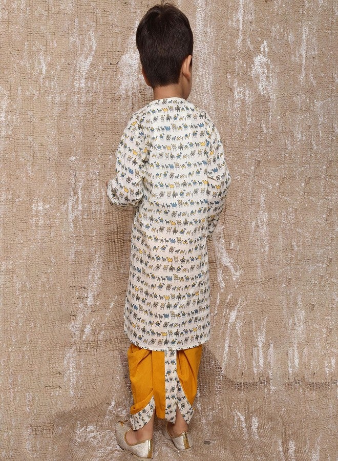 AJ DEZINES Kids Pure Cotton Full Sleeve Animal Printed Yellow Dhoti Kurta Set for Boys - Ethnic Wear | Traditional | Festival Wear for boys - Regular Fit - Image 2