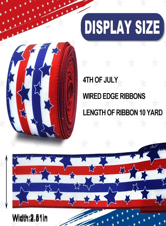 ABTOLS Patriotic Wired Edge Ribbons 2.5" 10 Yards, Memorial Day White Red Blue Stripe Ribbons Patriotic Star Wrapping Ribbon American Linen Ribbon for 4th of July Party Wrapping DIY Craft Decoration - Image 2