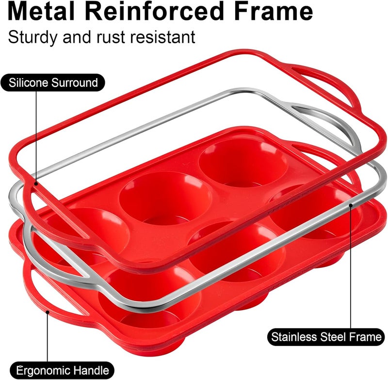 Puyeipt Jumbo Muffin Pan with Metal Frame, 6 Cup Large Cupcake Mold with Handles, Silicone Egg Bite Baking Tray, BPA Free & Non-Stick - Image 3