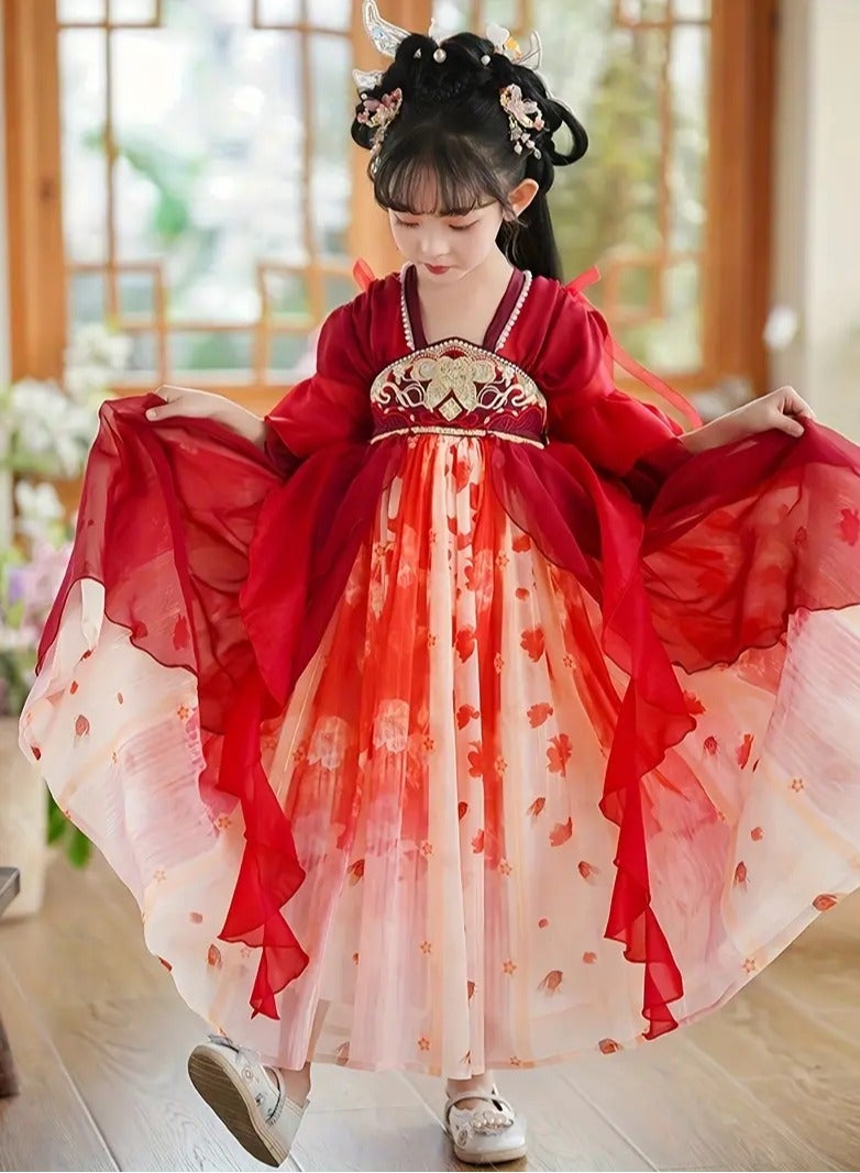 AROAQ Girls Vintage Inspired Hanfu Dress with Short Sleeves  Traditional Chinese Costume Polyester Non Stretch Fabric Machine Washable - Image 1