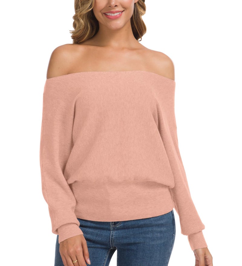Feiersi Women's Off Shoulder Sweater Long Sleeve Loose Pullover Knit Jumper (Light Pink,XX-Large) - Image 5
