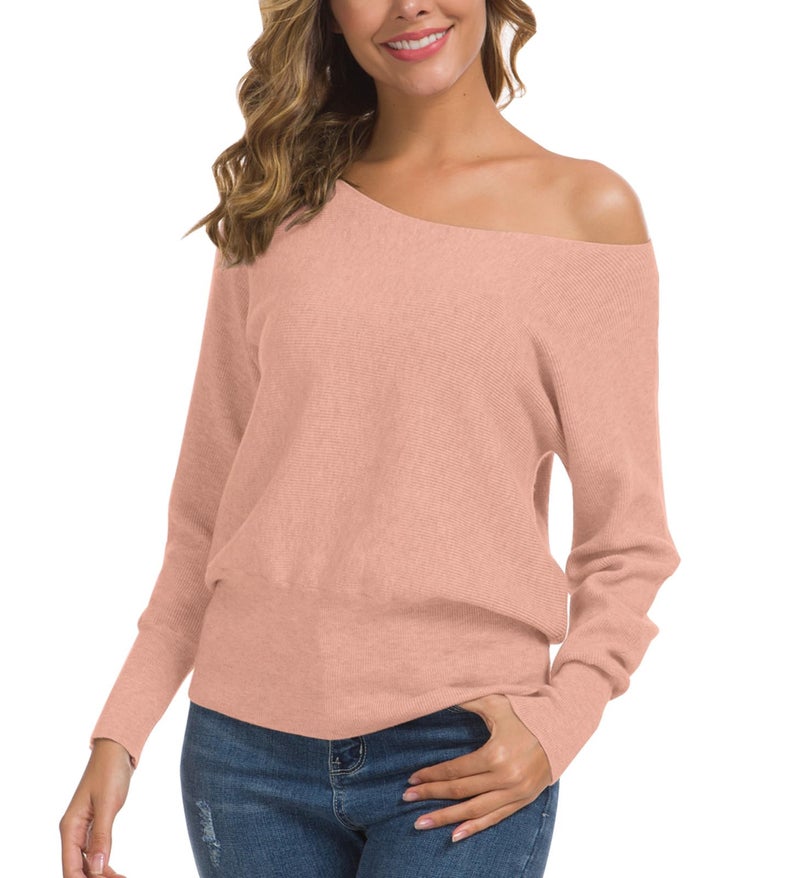 Feiersi Women's Off Shoulder Sweater Long Sleeve Loose Pullover Knit Jumper (Light Pink,XX-Large) - Image 2