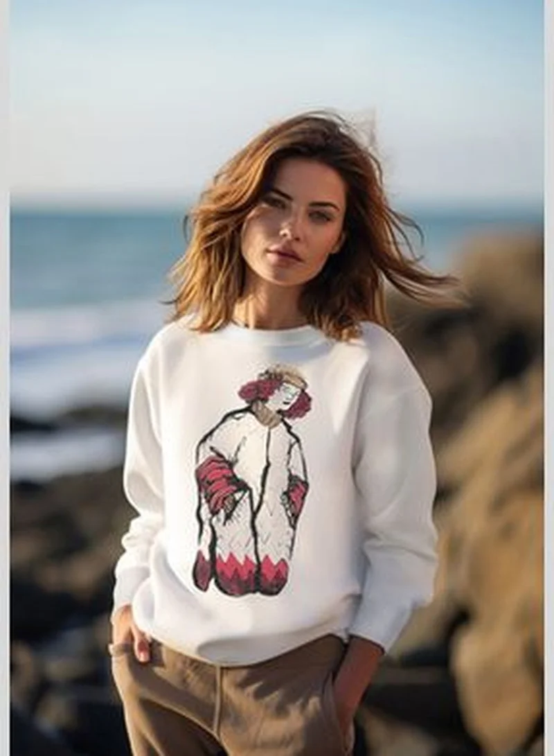 trendyol Ecru Regular/Regular Pattern Printed Sweater Detailed Knitted Sweatshirt with Fleece Inside TWOAW24SW00220.