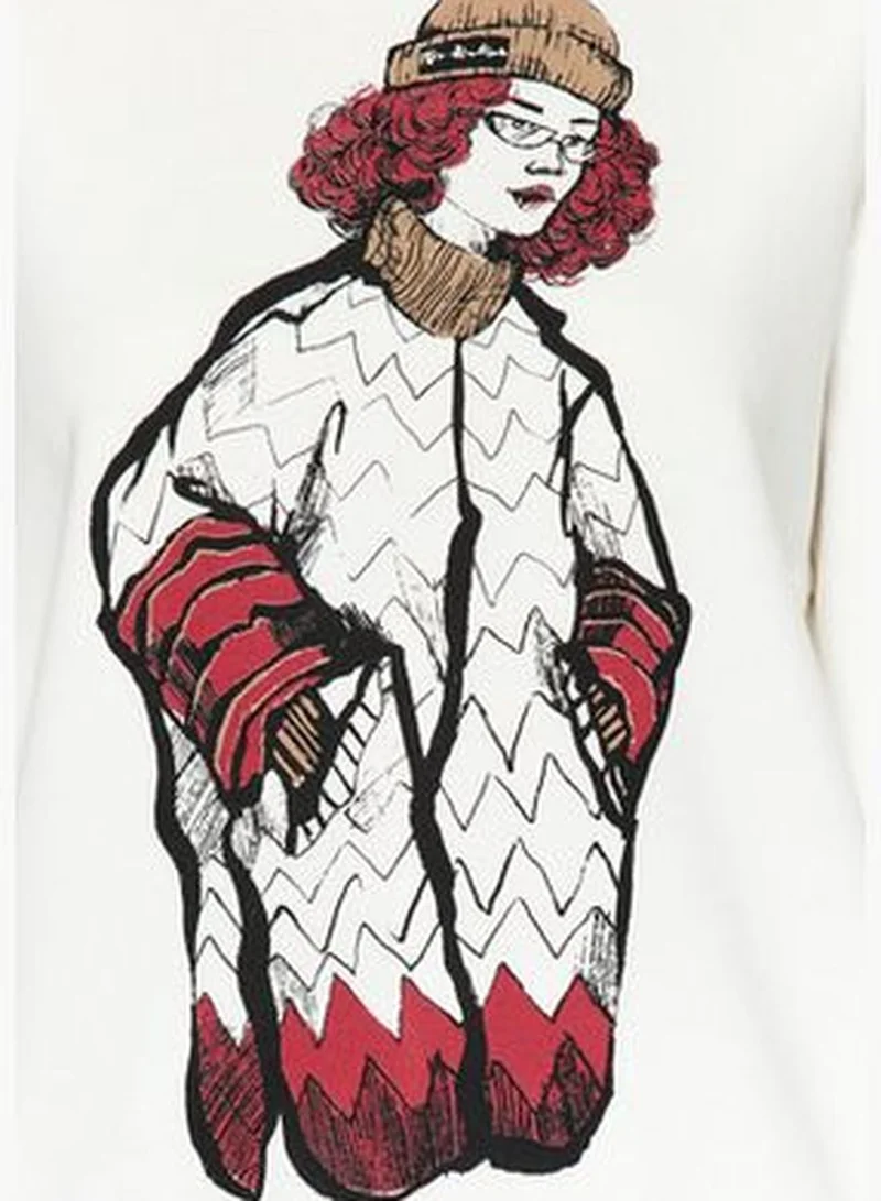 trendyol Ecru Regular/Regular Pattern Printed Sweater Detailed Knitted Sweatshirt with Fleece Inside TWOAW24SW00220.