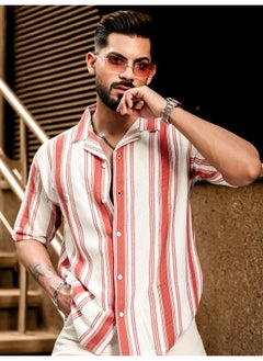 Maniac Mens Barcode Stripes 3/4th Sleeve Rust HoneyComb Fabric Shirt  - Image 3