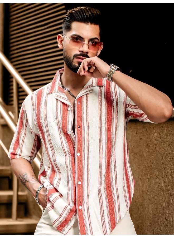 Maniac Mens Barcode Stripes 3/4th Sleeve Rust HoneyComb Fabric Shirt  - Image 3