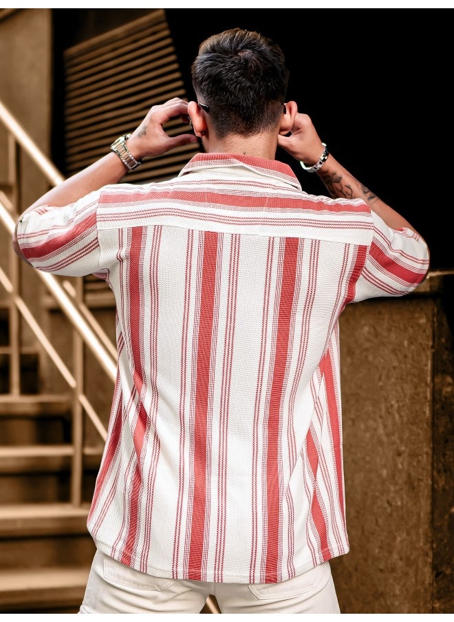 Maniac Mens Barcode Stripes 3/4th Sleeve Rust HoneyComb Fabric Shirt  - Image 4