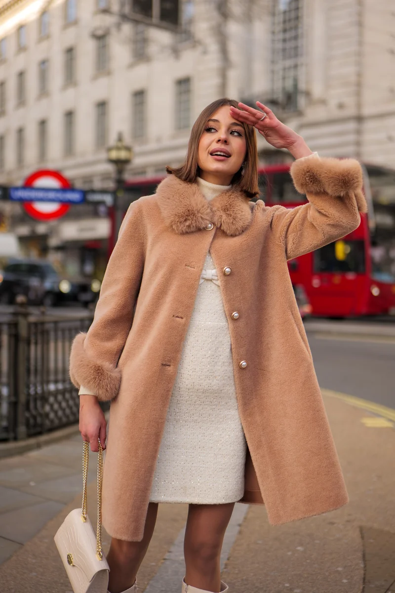 Santinni London  Monroe' Wool and Faux Fur Teddy Coat in Brown for Women | Best Price UAE