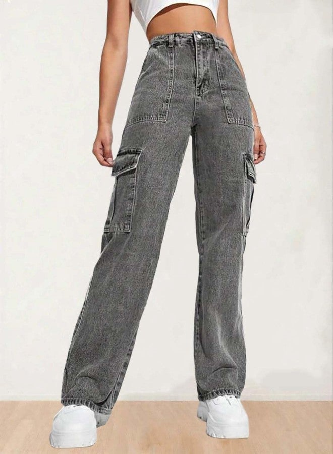 KOTTY Women's Solid High Rise Relaxed Fit Cargo Jeans Ash Gray - Image 4