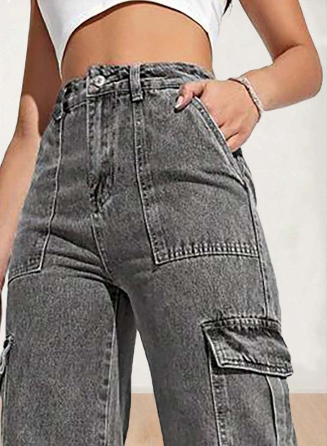 KOTTY Women's Solid High Rise Relaxed Fit Cargo Jeans Ash Gray - Image 3